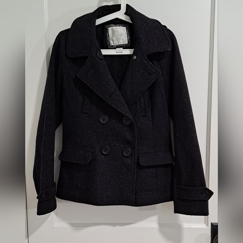 American Eagle Outfitters Charcoal Black 70% Wool Blend Fitted Peacoat